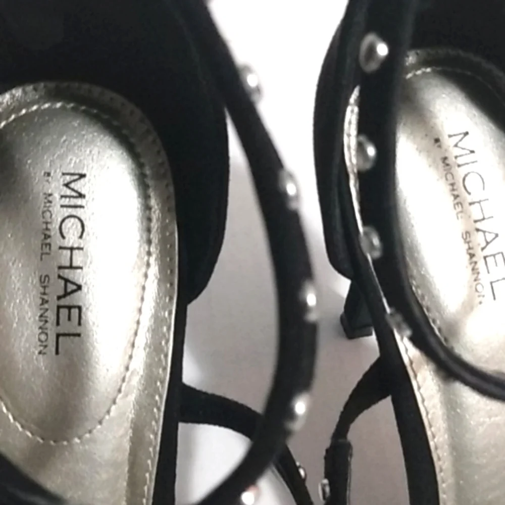 MICHAEL SHANNON BLACK SILVER STUDDED STRAPPY STILETTO SANDALS SIZE 9